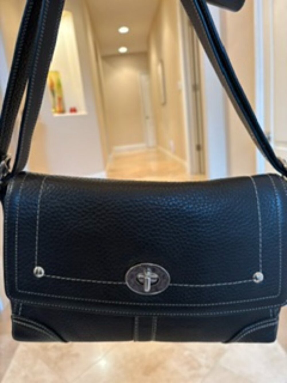 Coach F13957 Black Pebbled Leather Turnlock Flap Shoulder Crossbody Bag